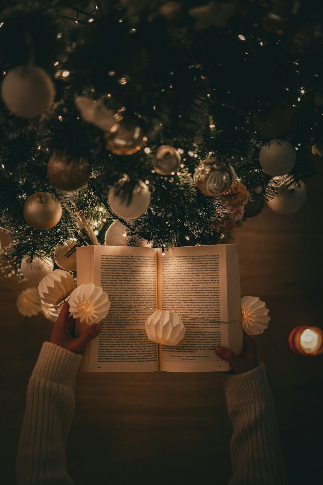 Person's hands holding an open book near a warm lamp